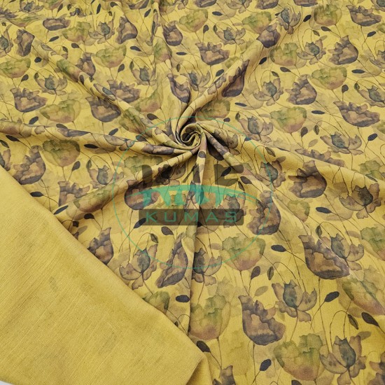 Baskılı %100 Pamuk 2 Katlı 1 mt Hardal Krinkıl Müslin Kumaş | Desen 2