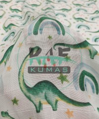 Baskılı %100 Pamuk Müslin Kumaş | Dino Ve Gökkuşağı Baskılı %100 Pamuk Müslin Kumaş | Dino Ve Gökkuşağı