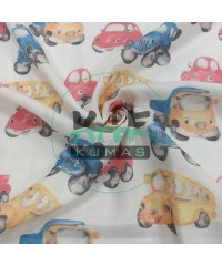 Baskılı %100 Pamuk Müslin Kumaş | Suluboya Arabalar