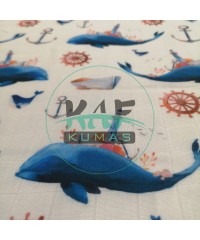 Baskılı Bambu Karışım Müslin Kumaş | Balina