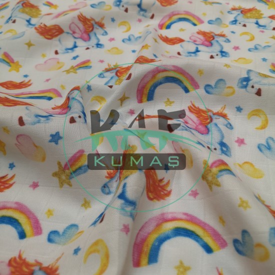 Baskılı Bambu Karışım Müslin Kumaş | Unicorn Baskılı Bambu Karışım Müslin Kumaş | Unicorn