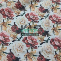 Baskılı %100 Pamuk Müslin Kumaş | Beyaz Gül