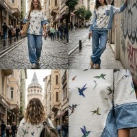  Baskılı Penye İki İplik Kumaş | Renkli Kuşlar