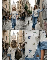  Baskılı Penye İki İplik Kumaş | Renkli Kuşlar