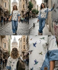  Baskılı Penye İki İplik Kumaş | Renkli Kuşlar