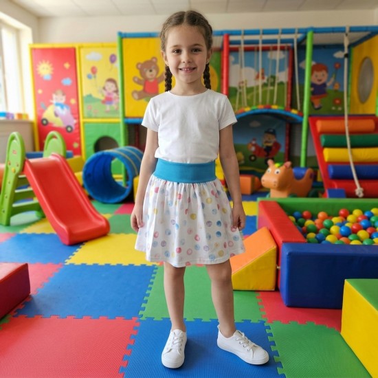 Kız Çocuk Desenli Saten Etek | Mavi Ribana Lastikli Puantiye Etek