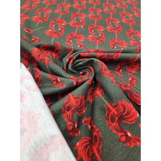 Baskılı Süprem Kumaş | %95 Pamuk %5 Elastan | 150 cm | 210 Gsm |  Kırmızı Horoz Desen