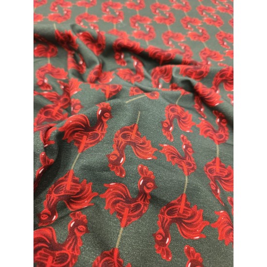 Baskılı Süprem Kumaş | %95 Pamuk %5 Elastan | 150 cm | 210 Gsm |  Kırmızı Horoz Desen