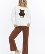 Kadife Be Yourself Desenli Ekru Yumuşak Dokulu Regular Fit Bisiklet Yaka Kadın Sweatshirt