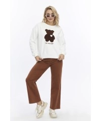 Kadife Be Yourself Desenli Ekru Yumuşak Dokulu Regular Fit Bisiklet Yaka Kadın Sweatshirt