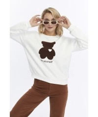 Kadife Be Yourself Desenli Ekru Yumuşak Dokulu Regular Fit Bisiklet Yaka Kadın Sweatshirt