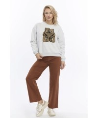 Kadife Ayıcıklar Desenli Gri Melanj Yumuşak Dokulu Regular Fit Bisiklet Yaka Kadın Sweatshirt