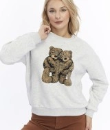 Kadife Ayıcıklar Desenli Gri Melanj Yumuşak Dokulu Regular Fit Bisiklet Yaka Kadın Sweatshirt