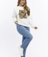 Kadife Ayıcıklar Desenli Şardonlu (Içi Polarlı) Ekru Regular Fit Bisiklet Yaka Kadın Sweatshirt