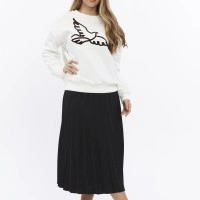 Kadife Kuş Desenli Şardonlu (Içi Polarlı) Ekru Regular Fit Bisiklet Yaka Kadın Sweatshirt