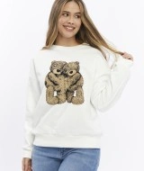 Kadife Ayıcıklar Desenli Şardonlu (Içi Polarlı) Ekru Regular Fit Bisiklet Yaka Kadın Sweatshirt