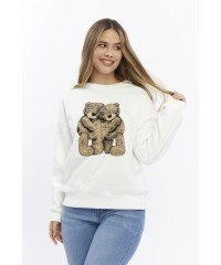 Kadife Ayıcıklar Desenli Şardonlu (Içi Polarlı) Ekru Regular Fit Bisiklet Yaka Kadın Sweatshirt
