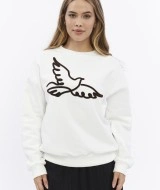 Kadife Kuş Desenli Şardonlu (Içi Polarlı) Ekru Regular Fit Bisiklet Yaka Kadın Sweatshirt