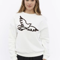 Kadife Kuş Desenli Şardonlu (Içi Polarlı) Ekru Regular Fit Bisiklet Yaka Kadın Sweatshirt