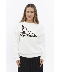 Kadife Kuş Desenli Şardonlu (Içi Polarlı) Ekru Regular Fit Bisiklet Yaka Kadın Sweatshirt