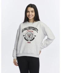 Kadife Global University Desenli Gri Melanj Yumuşak Dokulu Regular Fit Bisiklet Yaka Kadın Sweatshirt