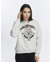 Kadife Global University Desenli Gri Melanj Yumuşak Dokulu Regular Fit Bisiklet Yaka Kadın Sweatshirt
