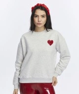 Kadife Kalp Desenli Gri Melanj Yumuşak Dokulu Regular Fit Bisiklet Yaka Kadın Sweatshirt