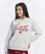 Kadife Love Yourself Desenli Gri Melanj Yumuşak Dokulu Regular Fit Bisiklet Yaka Kadın Sweatshirt