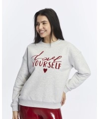 Kadife Love Yourself Desenli Gri Melanj Yumuşak Dokulu Regular Fit Bisiklet Yaka Kadın Sweatshirt