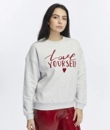Kadife Love Yourself Desenli Gri Melanj Yumuşak Dokulu Regular Fit Bisiklet Yaka Kadın Sweatshirt