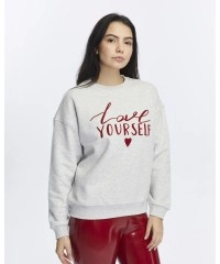 Kadife Love Yourself Desenli Gri Melanj Yumuşak Dokulu Regular Fit Bisiklet Yaka Kadın Sweatshirt