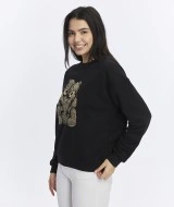Kadife Ayıcıklar Desenli Siyah Yumuşak Dokulu Regular Fit Bisiklet Yaka Kadın Sweatshirt