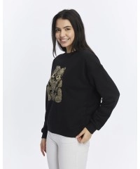 Kadife Ayıcıklar Desenli Siyah Yumuşak Dokulu Regular Fit Bisiklet Yaka Kadın Sweatshirt