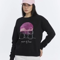 Kadife Gün Batımı Desenli Siyah Yumuşak Dokulu Regular Fit Bisiklet Yaka Kadın Sweatshirt