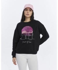 Kadife Gün Batımı Desenli Siyah Yumuşak Dokulu Regular Fit Bisiklet Yaka Kadın Sweatshirt