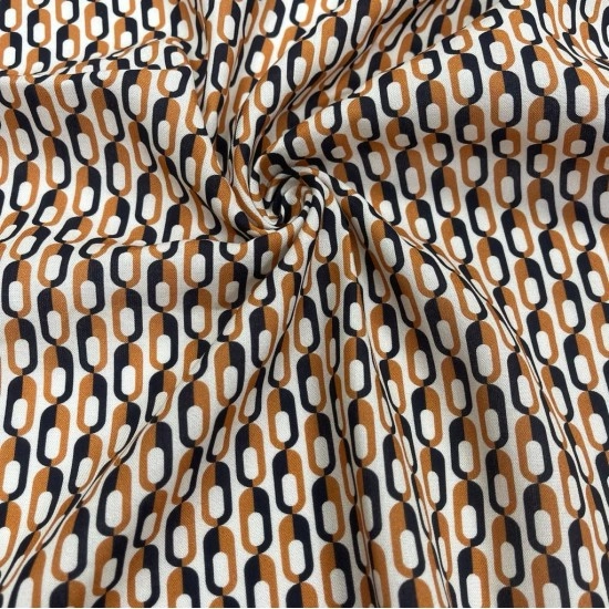 Viskon Dokuma Vual Kumaş | Turuncu Siyah Şekiller