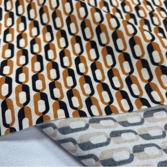 Viskon Dokuma Vual Kumaş | Turuncu Siyah Şekiller