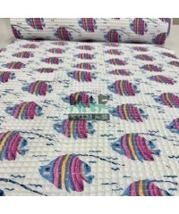 Baskılı Büyük Kareli Waffle Pike Kumaş | 100% Pamuk | Balıklar