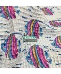 Baskılı Büyük Kareli Waffle Pike Kumaş | 100% Pamuk | Balıklar