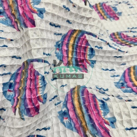 Baskılı Büyük Kareli Waffle Pike Kumaş | 100% Pamuk | Balıklar