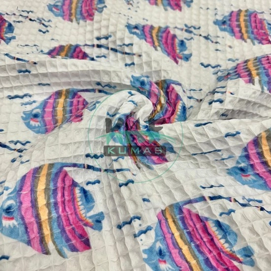 Baskılı Büyük Kareli Waffle Pike Kumaş | 100% Pamuk | Balıklar