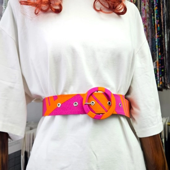 Pembe-Turuncu Halka Tokalı Hafif Kadın Pantolon Kemeri, Ceket Kemeri, Elbise Kemeri, Gömlek Kemeri