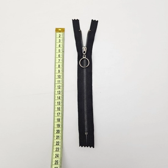Siyah Metalik Dişli Yuvarlak Halka Fermuar | Mont-Çanta Fermuarı Uzunluk: 20 cm Siyah