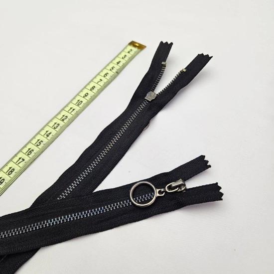 Siyah Metalik Dişli Yuvarlak Halka Fermuar | Mont-Çanta Fermuarı Uzunluk: 20 cm Siyah