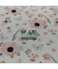 Baskılı %100 Pamuk İnterlok Kumaş | Kuşlar ve Çiçekler