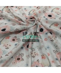 Baskılı %100 Pamuk İnterlok Kumaş | Kuşlar ve Çiçekler