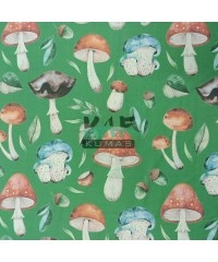 Baskılı %100 Pamuk Müslin Kumaş | Büyük Mantarlar (Yeşil Zemin)