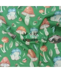 Baskılı %100 Pamuk Müslin Kumaş | Büyük Mantarlar (Yeşil Zemin)