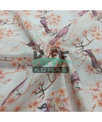 Baskılı %100 Pamuk Müslin Kumaş | Kiraz Çiçeği Ve Kuş