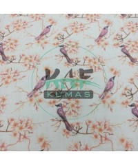 Baskılı %100 Pamuk Müslin Kumaş | Kiraz Çiçeği Ve Kuş